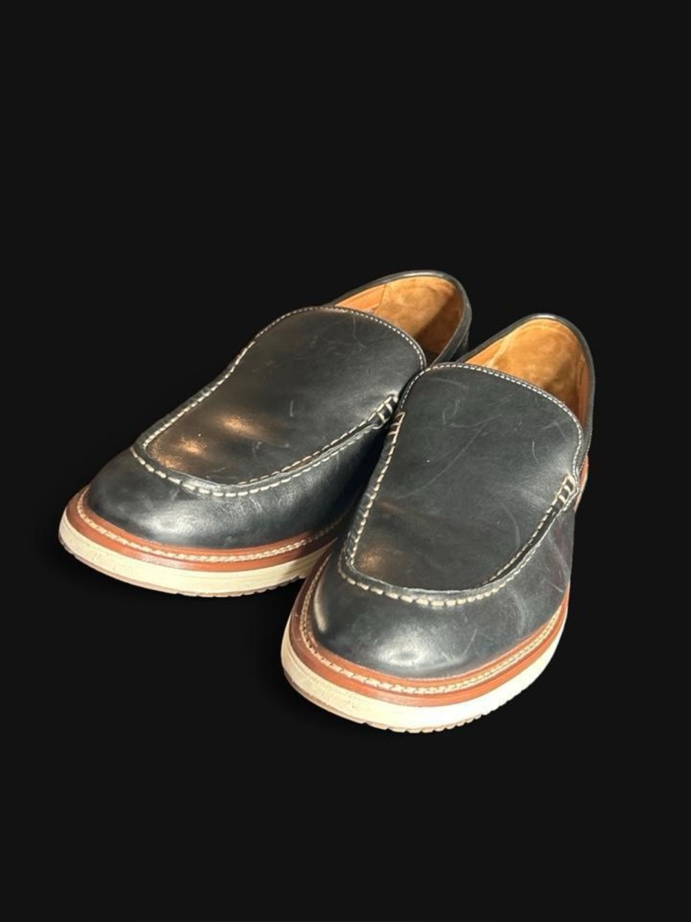 Johnston & Murphy Black Leather Slip-On Loafers with Brown Trim